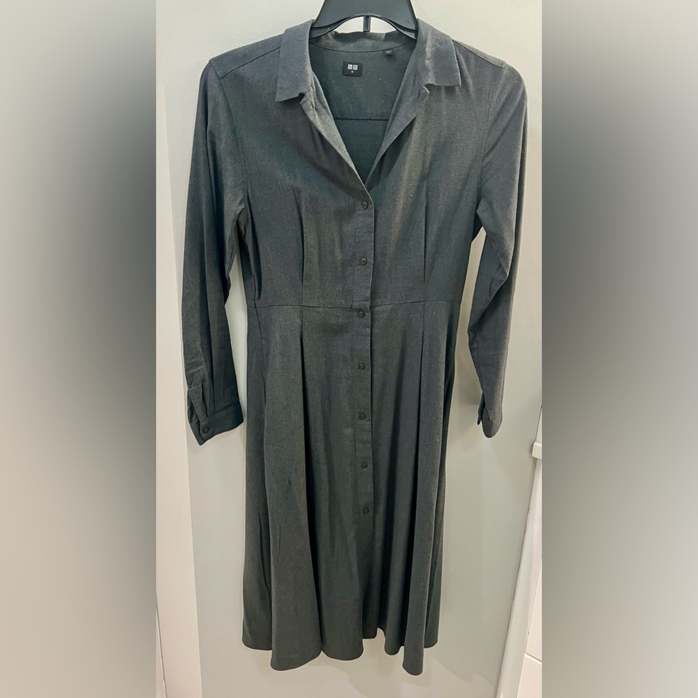UNIQLO Extra Fine Cotton Long Sleeve Shirt Dress Gray XS
